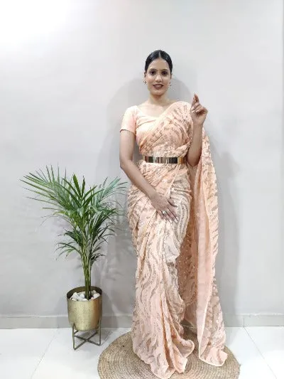 1 Min Peach Sequins Georgette Stitched Readymade Saree