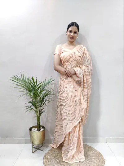 1 Min Peach Sequins Georgette Stitched Readymade Saree