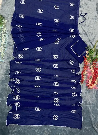 1 Min Ready to Wear Navy Blue Silver Stitched Saree