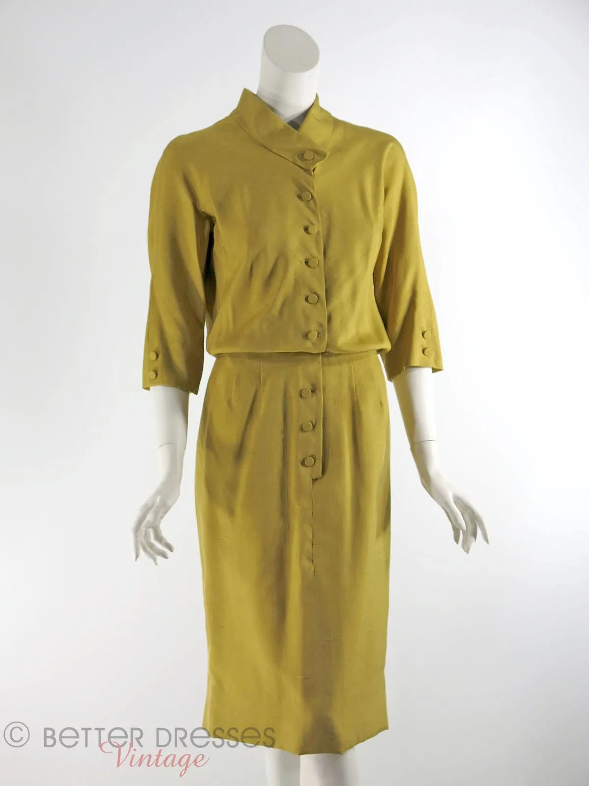 50s Dress in Golden Olive Silk - sm