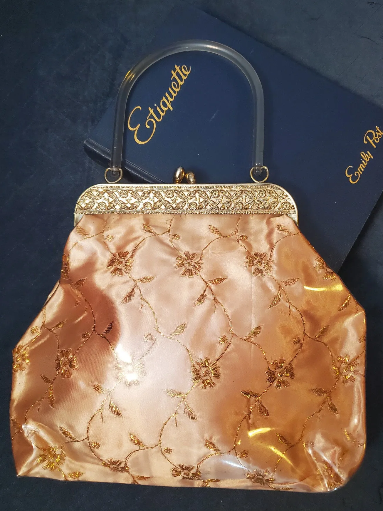 50s Handbag in Clear Vinyl Over Peach and Gold With Lucite Handle