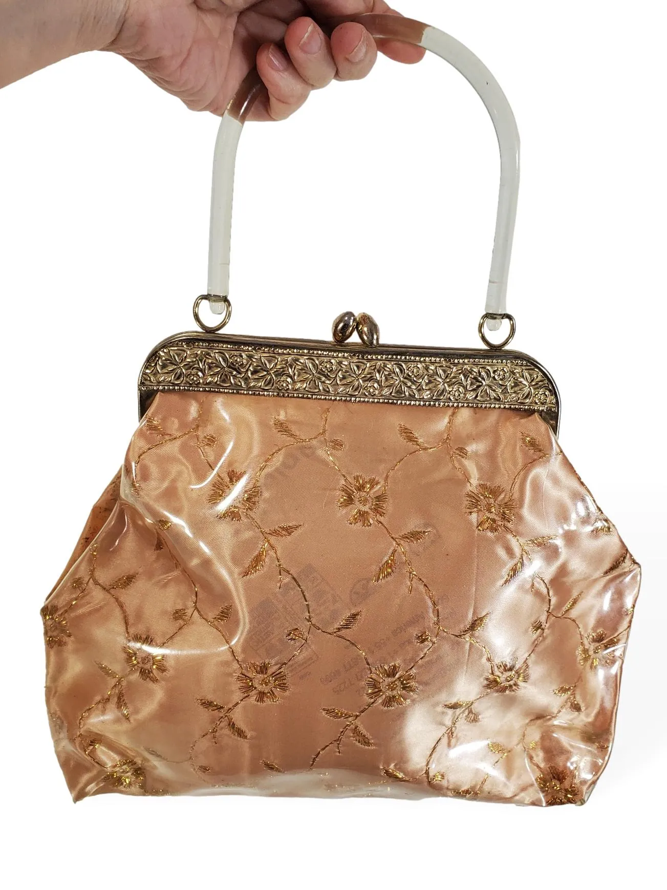 50s Handbag in Clear Vinyl Over Peach and Gold With Lucite Handle