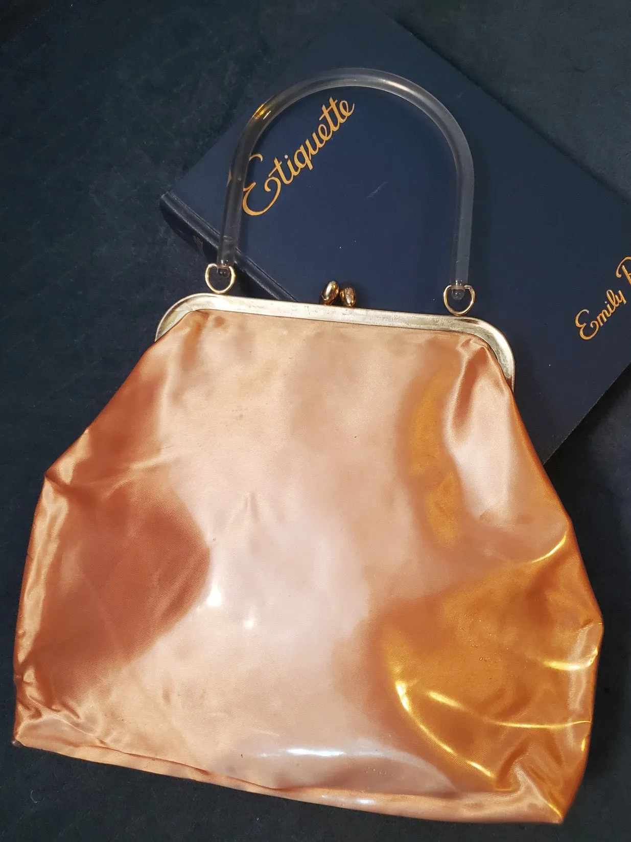 50s Handbag in Clear Vinyl Over Peach and Gold With Lucite Handle