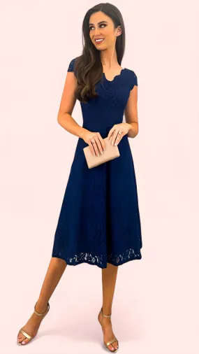 A1645 Navy Lace Midi Flare Dress