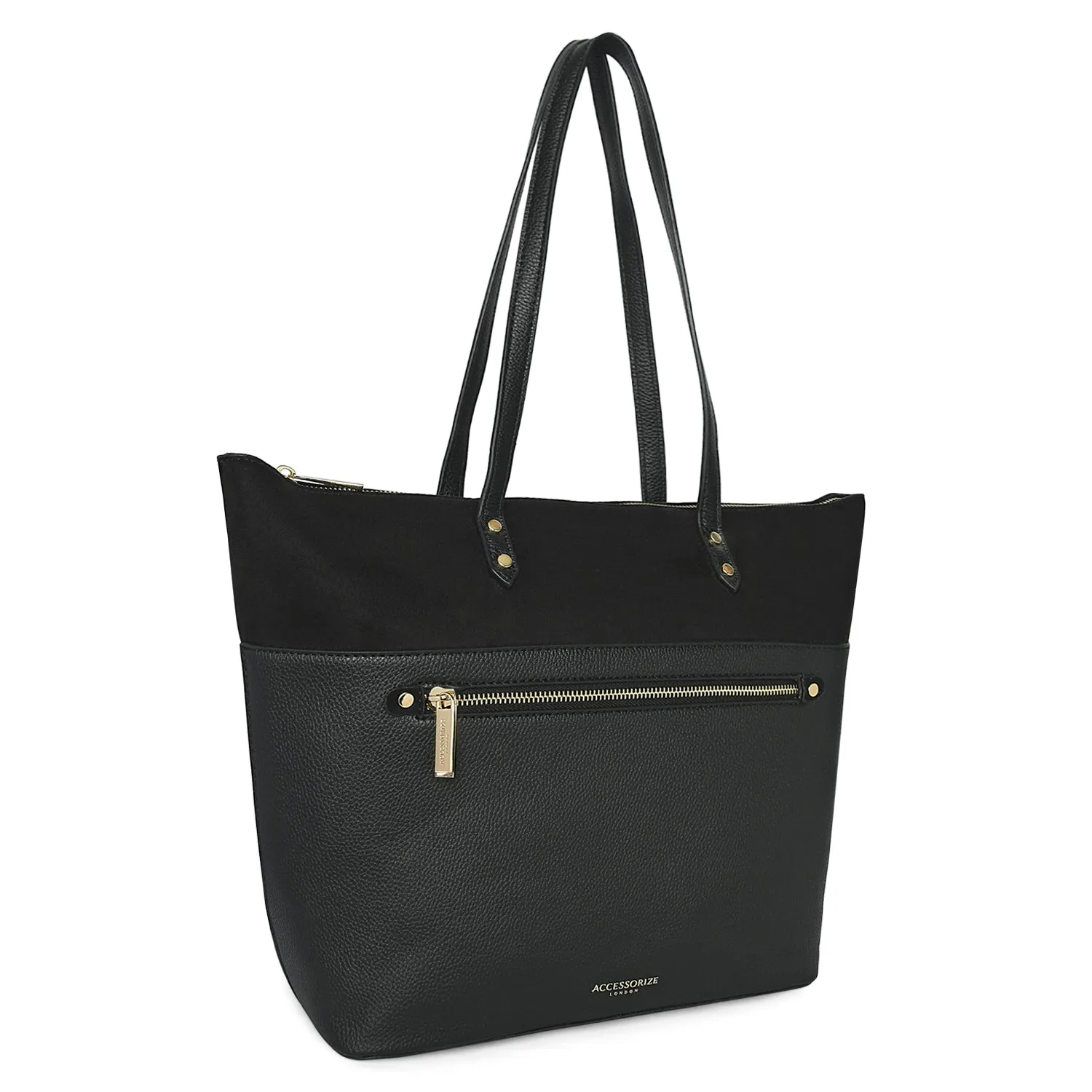 Accessorize London Women's Faux Leather Black Front Pocket Molly Tote bag