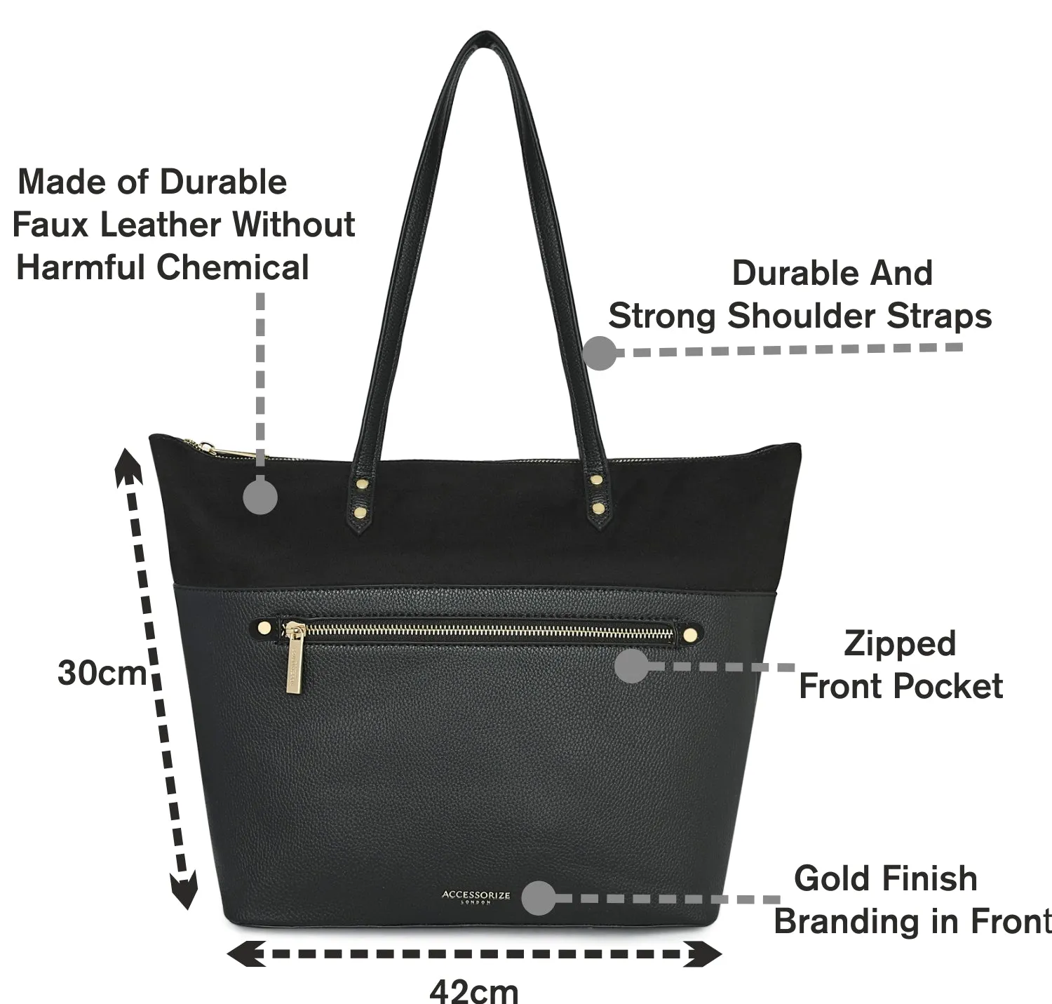 Accessorize London Women's Faux Leather Black Front Pocket Molly Tote bag