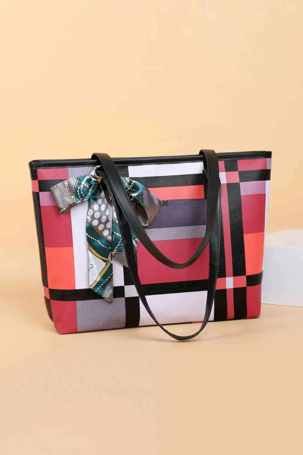 Adored Color Block Tie Detail PU Leather Tote Bag