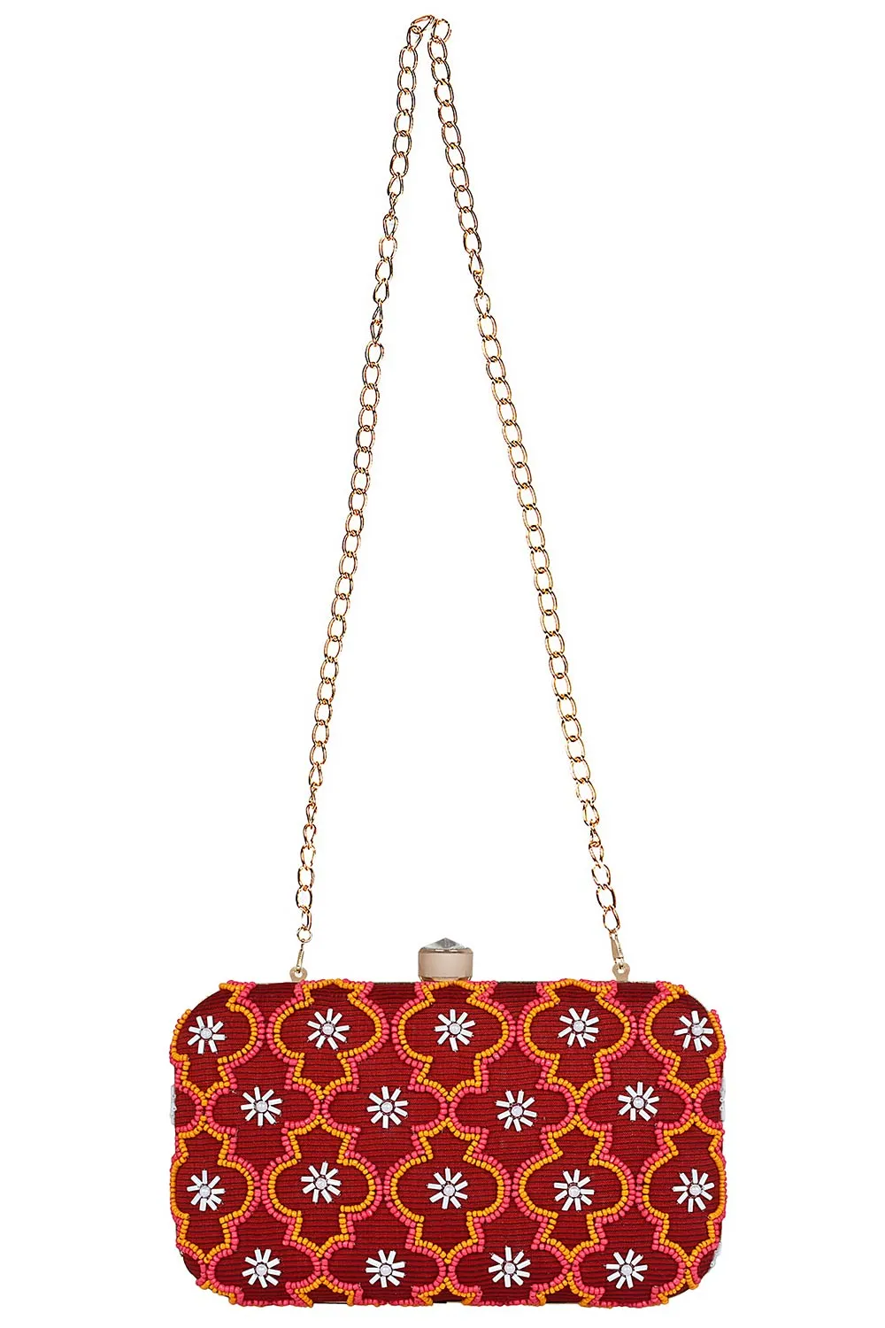 Adorn Embellished Cotton Polyester Clutch Red & Multi