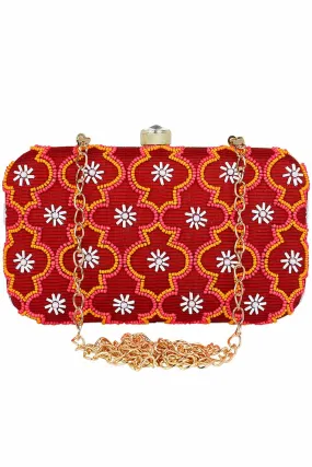 Adorn Embellished Cotton Polyester Clutch Red & Multi