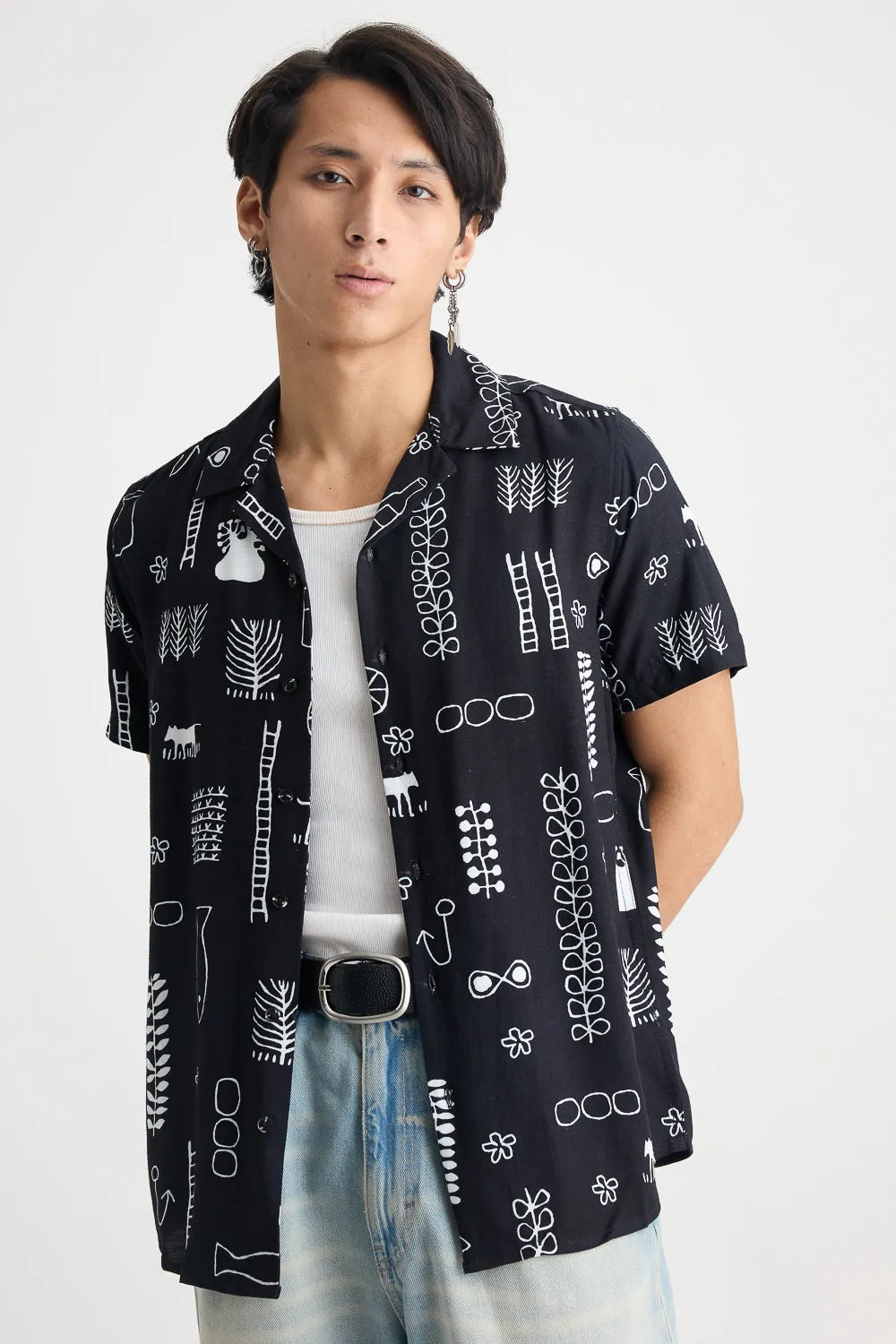 Aquatic Print Black Linen Men's Shirt