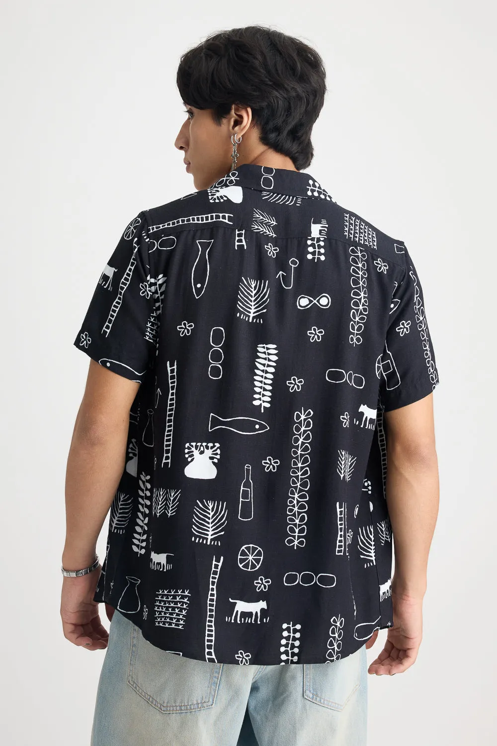 Aquatic Print Black Linen Men's Shirt