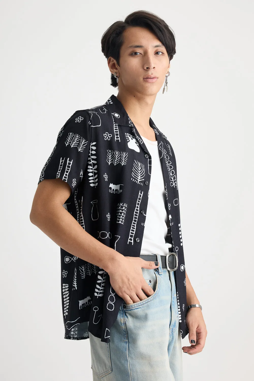 Aquatic Print Black Linen Men's Shirt