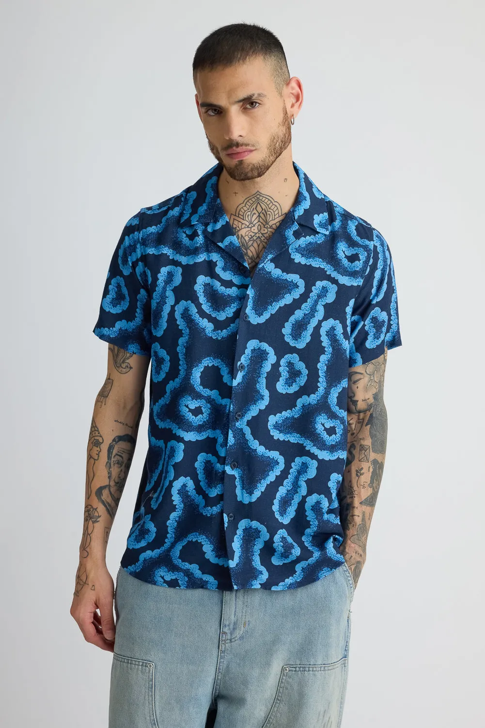 Black Abstract Men's Print Linen Shirt