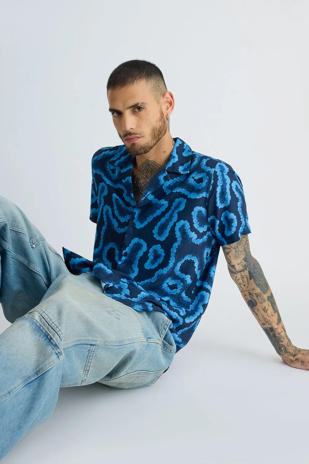 Black Abstract Men's Print Linen Shirt