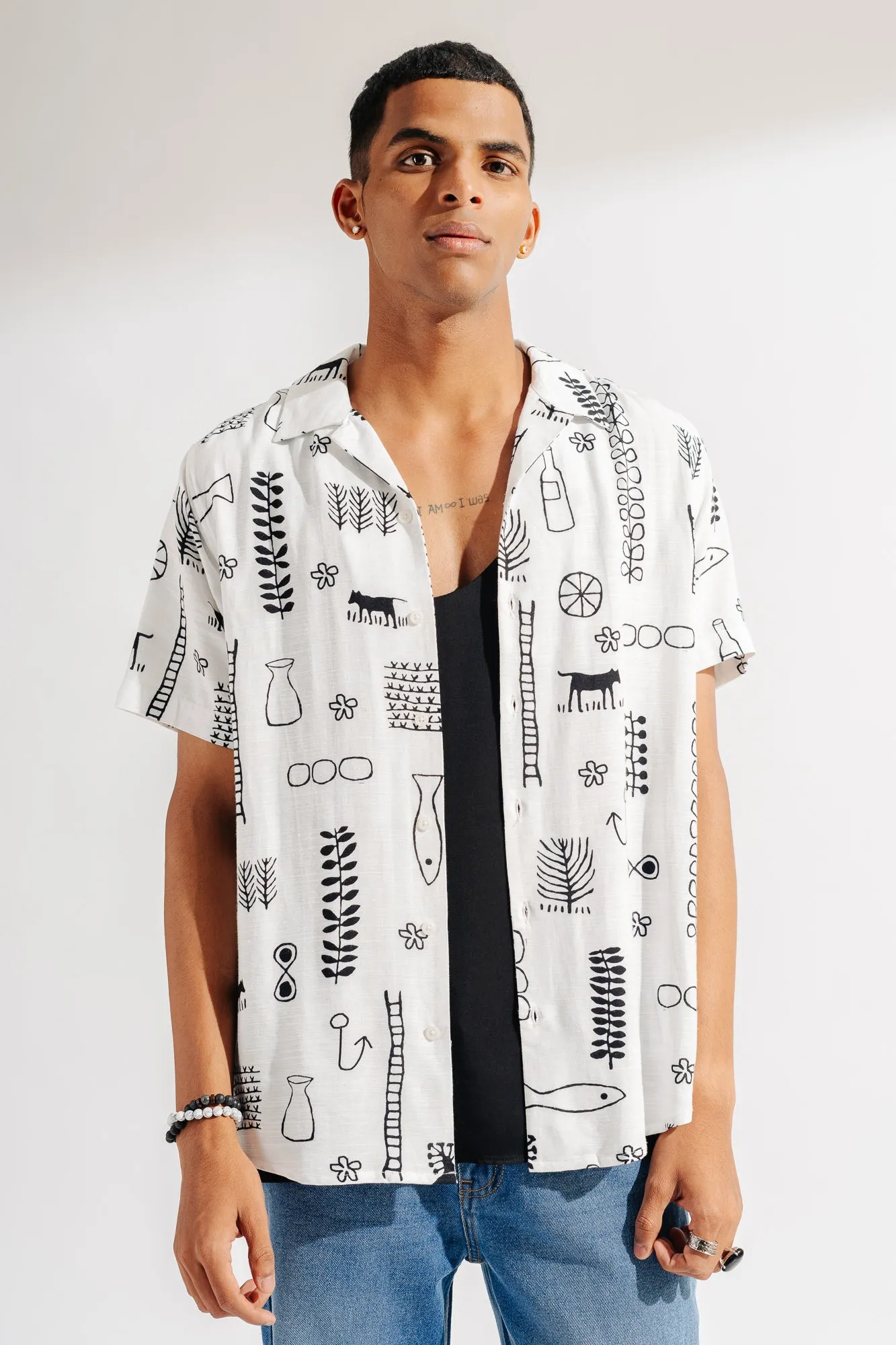 Black And White Printed Men's Linen Shirt