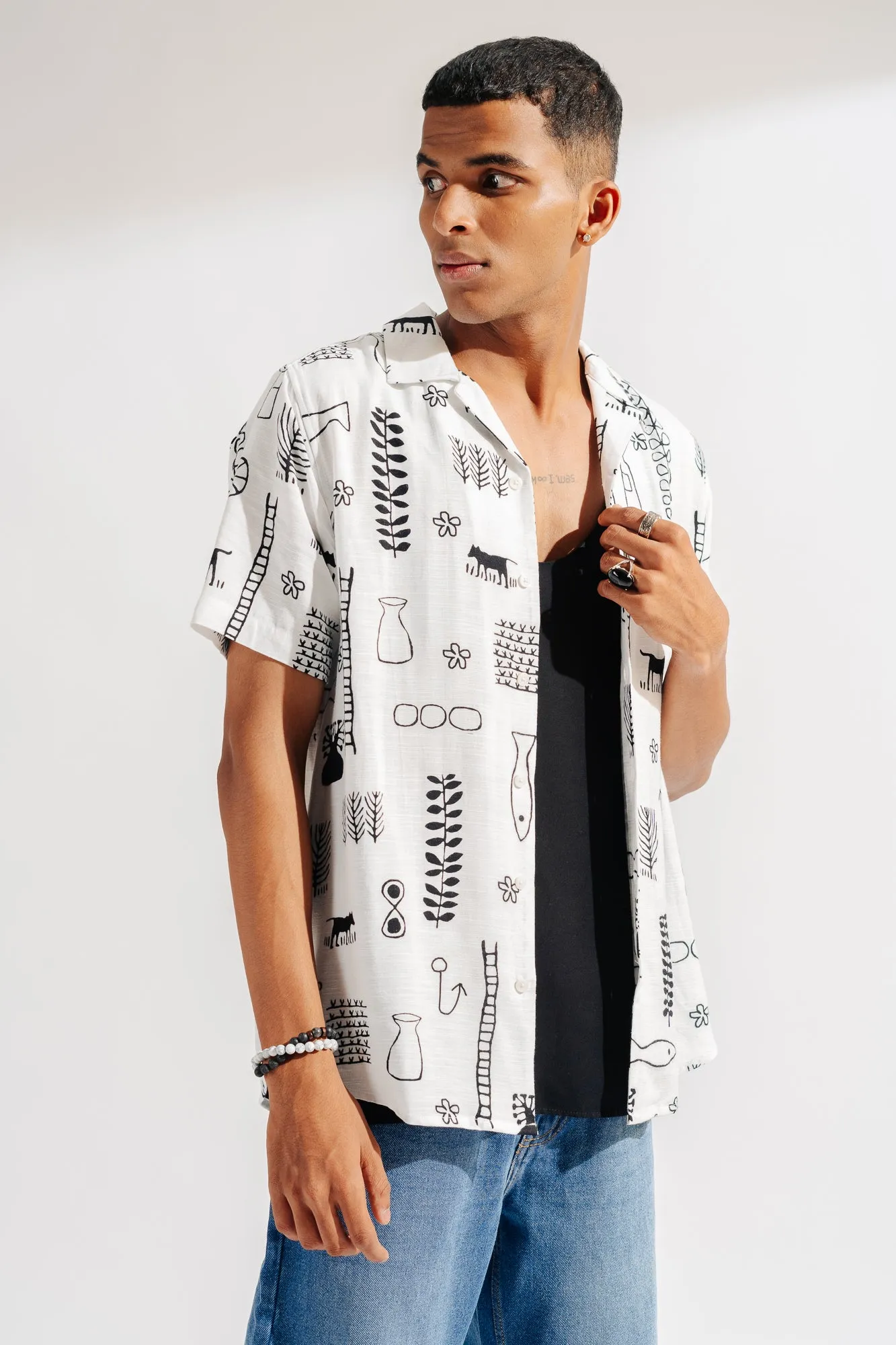 Black And White Printed Men's Linen Shirt