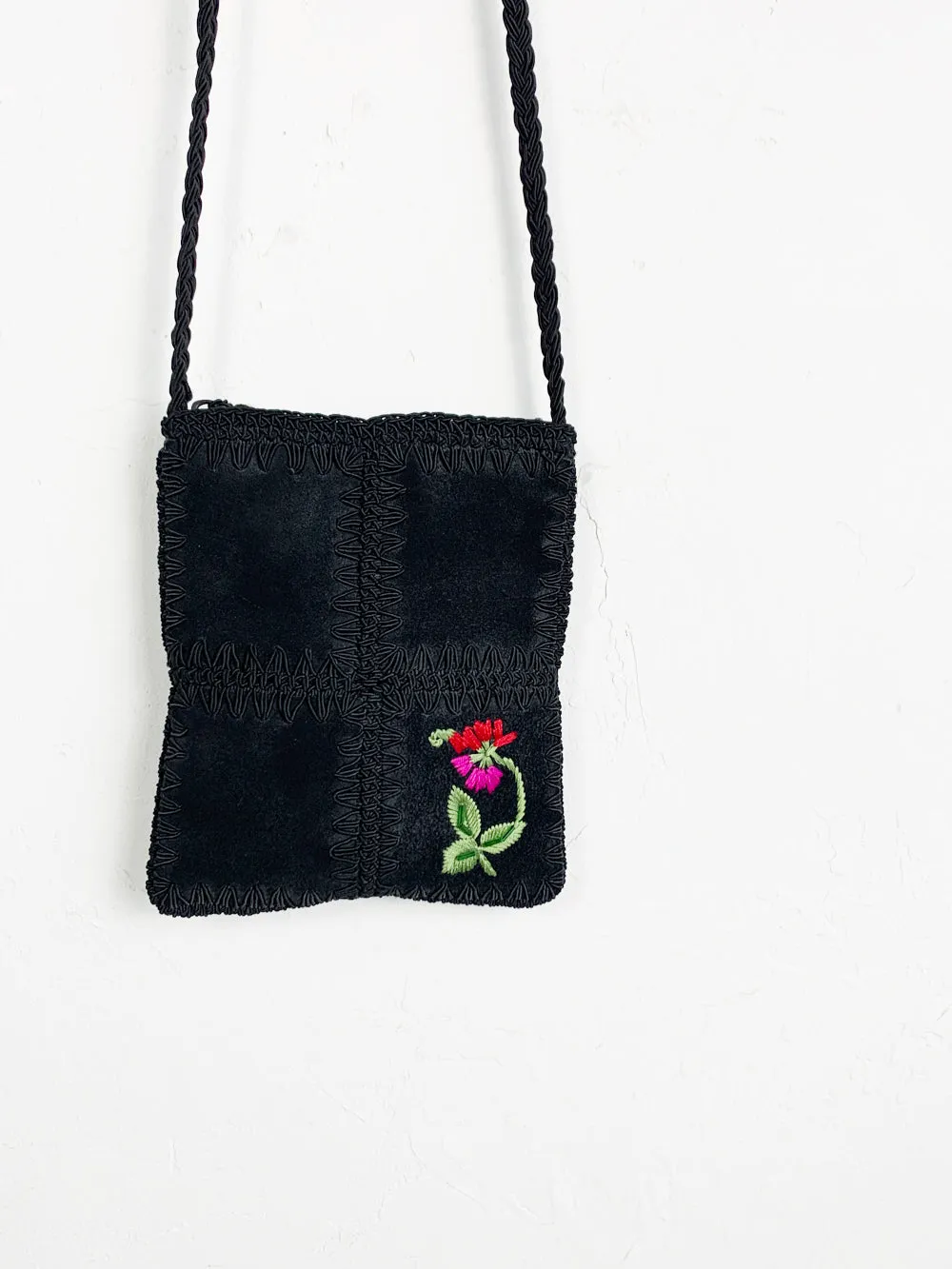 Black Suede Patchwork Purse With Rose Embroidery