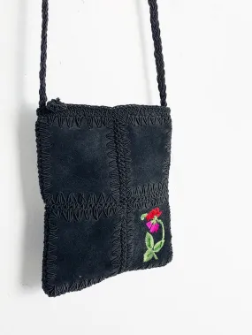 Black Suede Patchwork Purse With Rose Embroidery