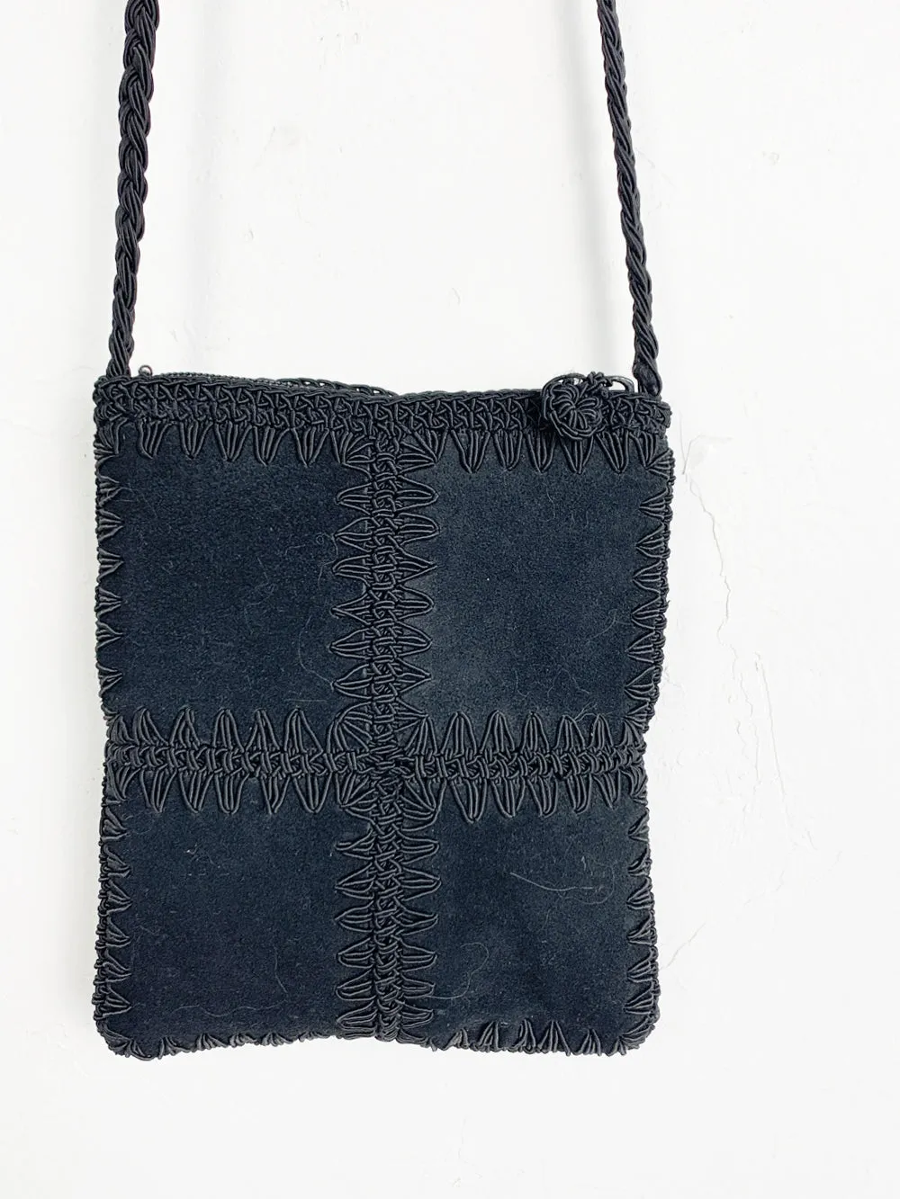 Black Suede Patchwork Purse With Rose Embroidery