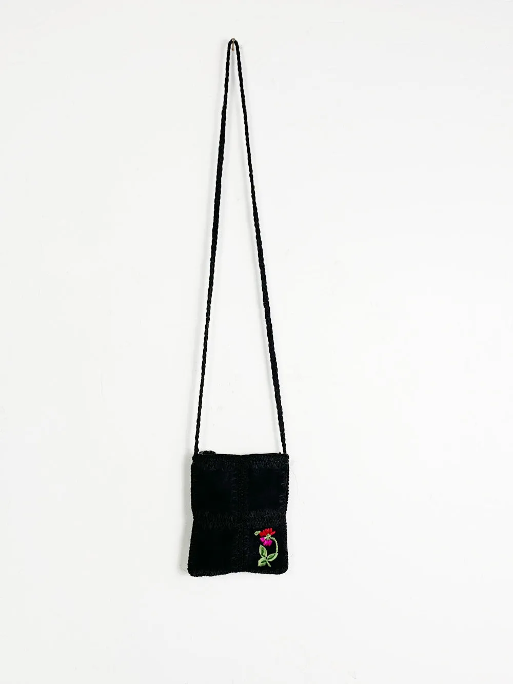 Black Suede Patchwork Purse With Rose Embroidery