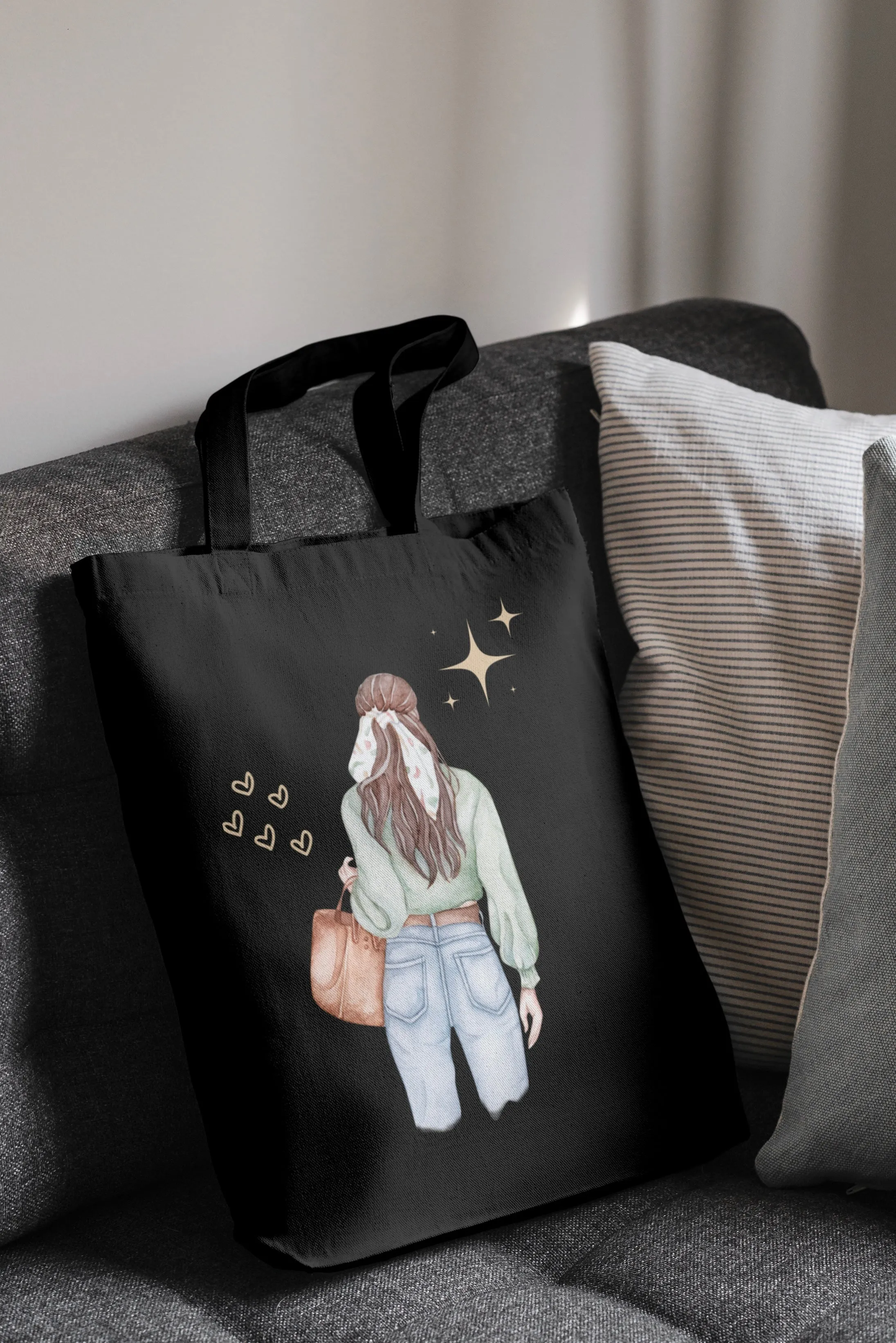 Black/White Aesthetic Girl Tote Bag with Zipper