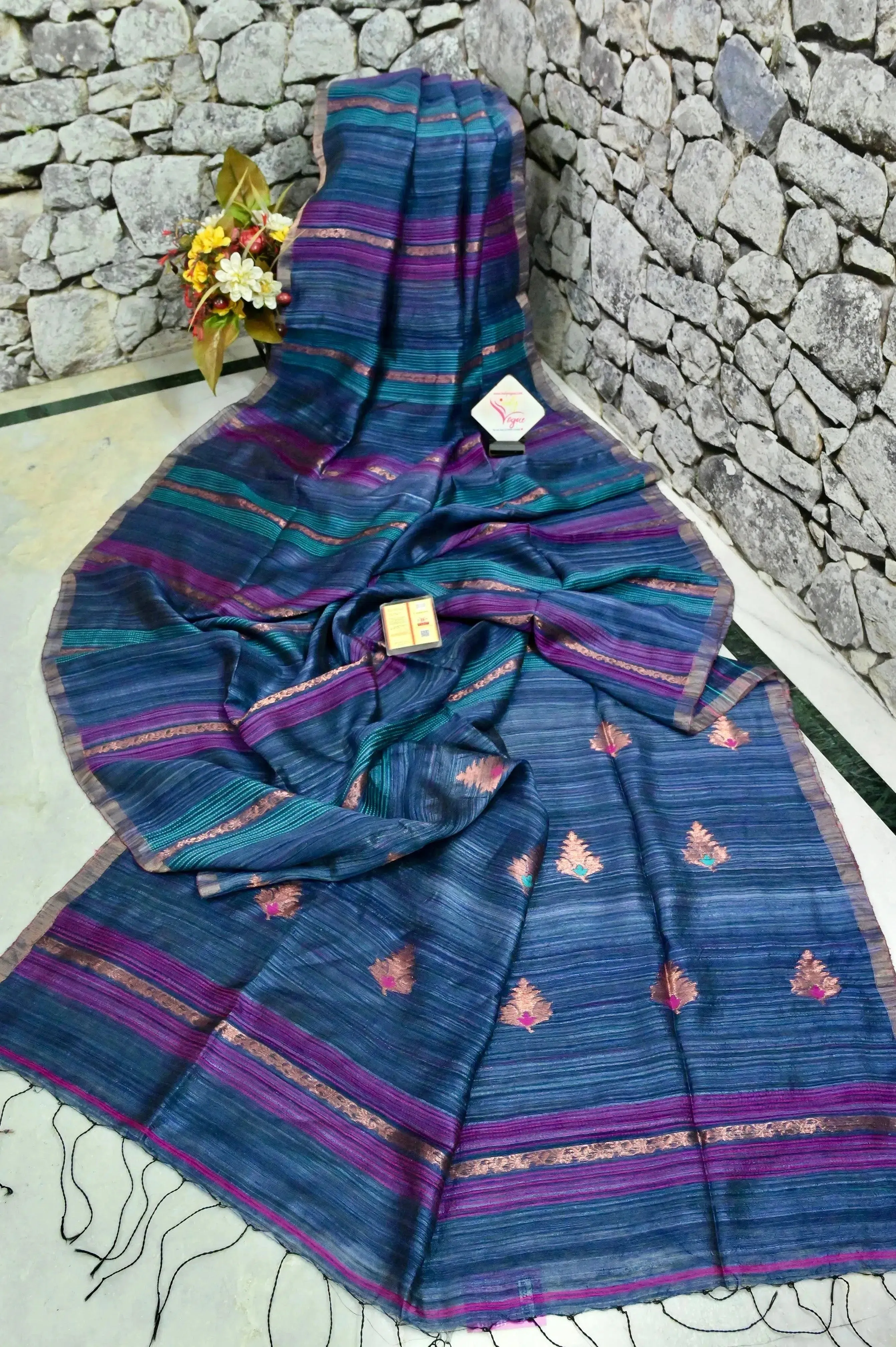 Blue and Purple Matka Saree with Copper Zari and Kantha Style Stripe Weaving