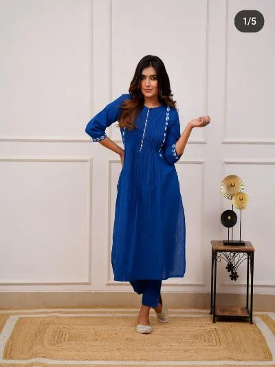 Blue Cotton Embroidred Kurti Pant Set