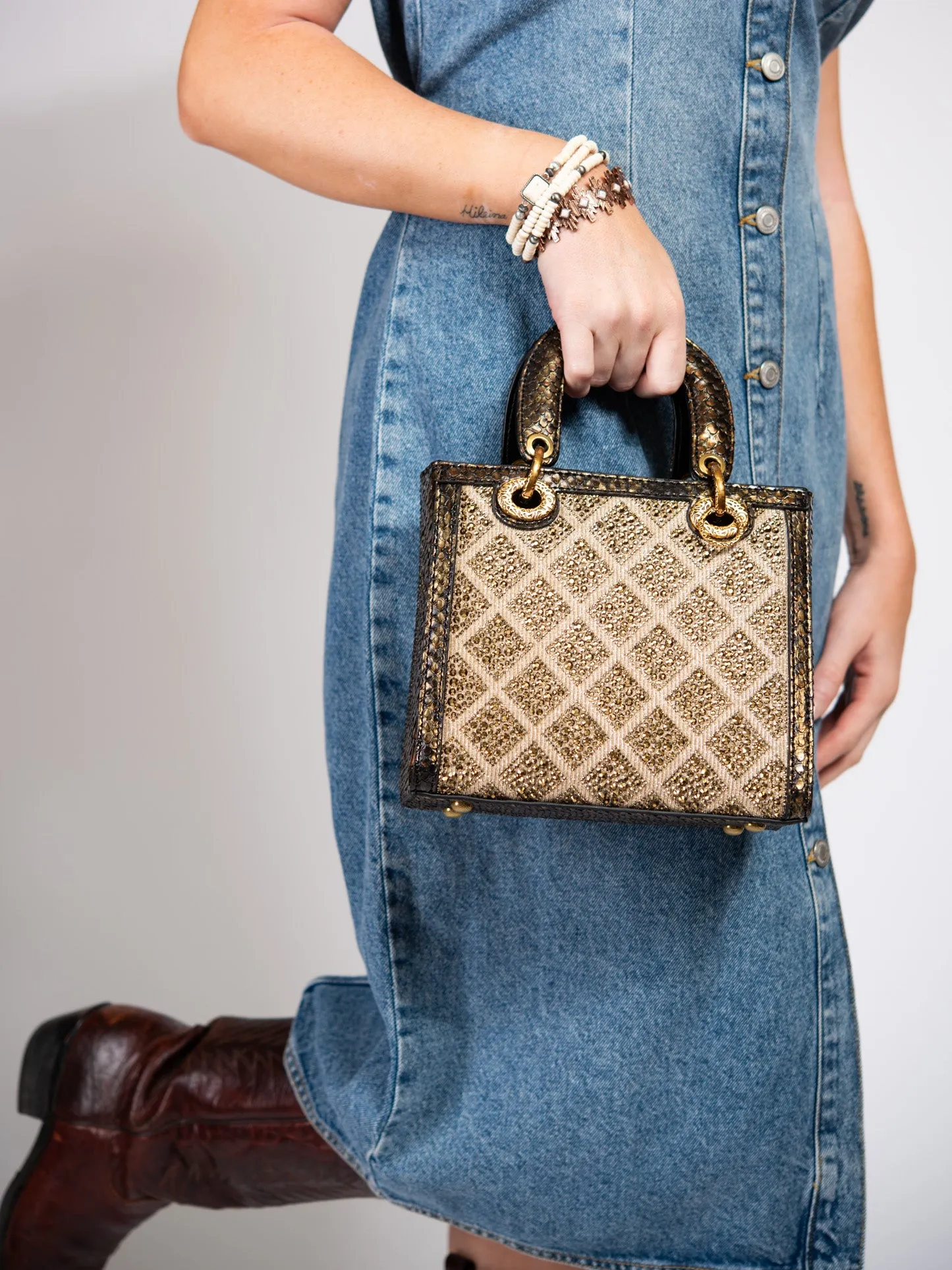 Callista Grid Pattern Rhinestone Snakeskin Convertible Bag