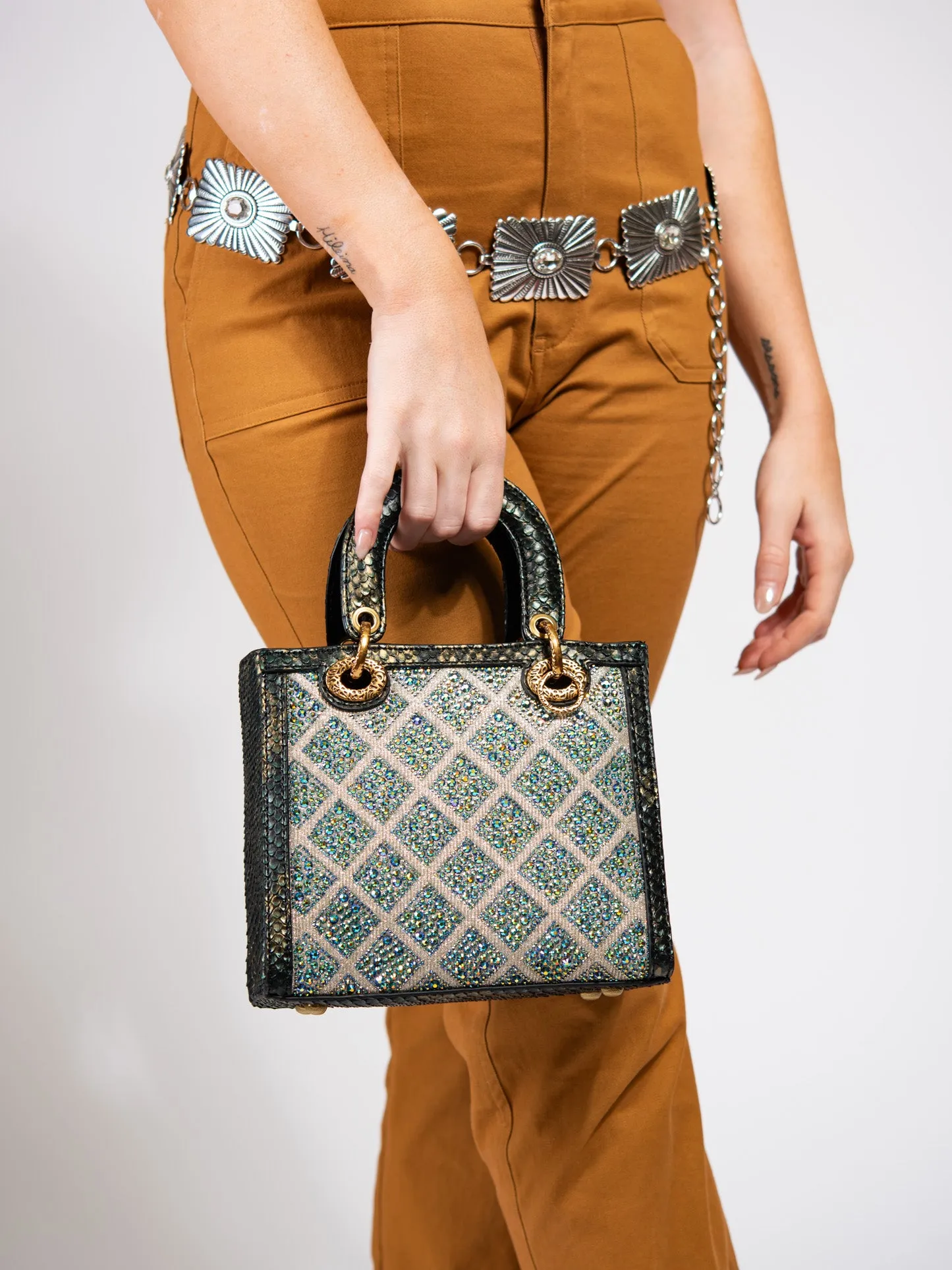 Callista Grid Pattern Rhinestone Snakeskin Convertible Bag