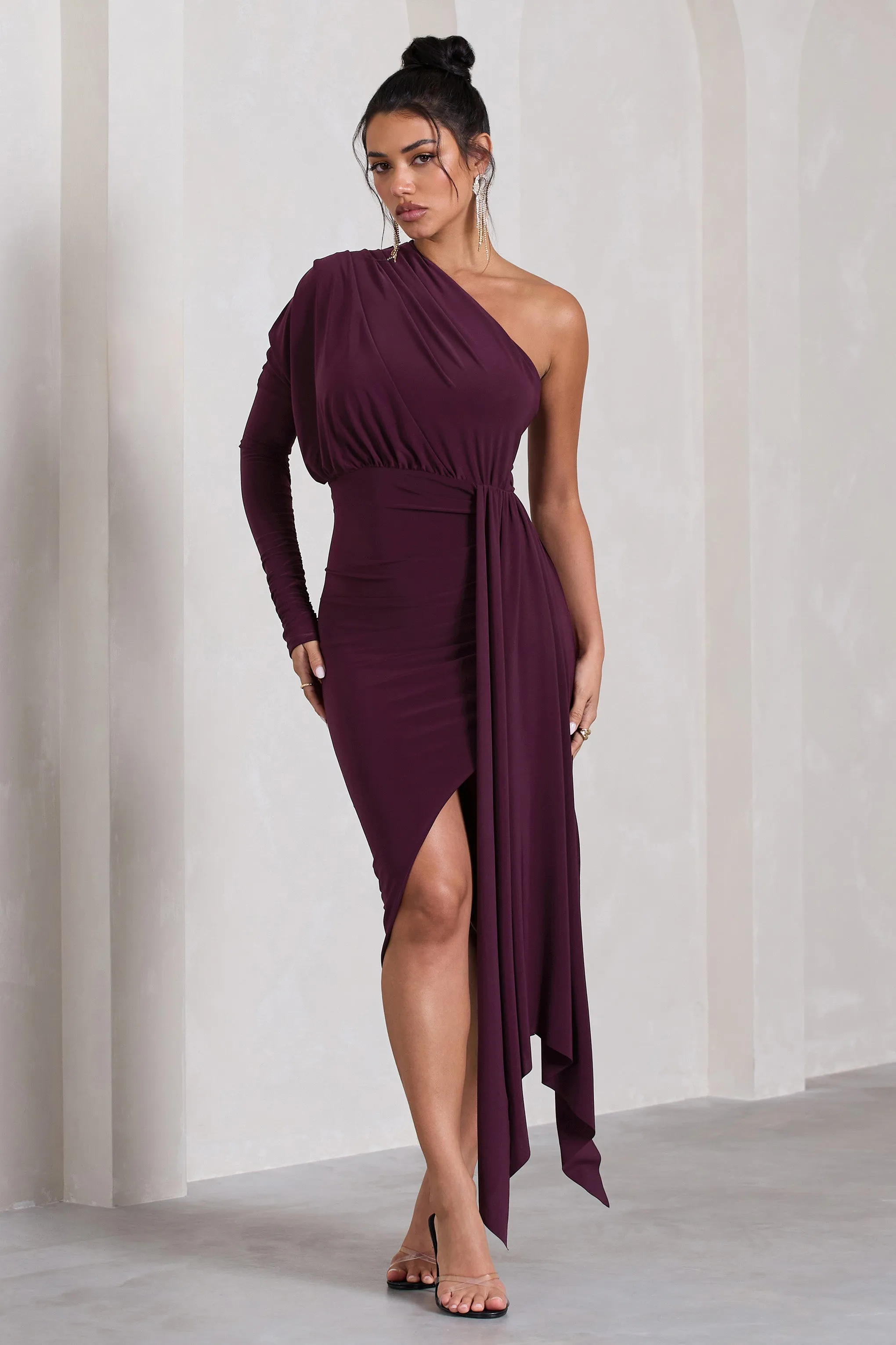 Catherine | Plum One Sleeve Asymmetric Midi Dress With Statement Drape