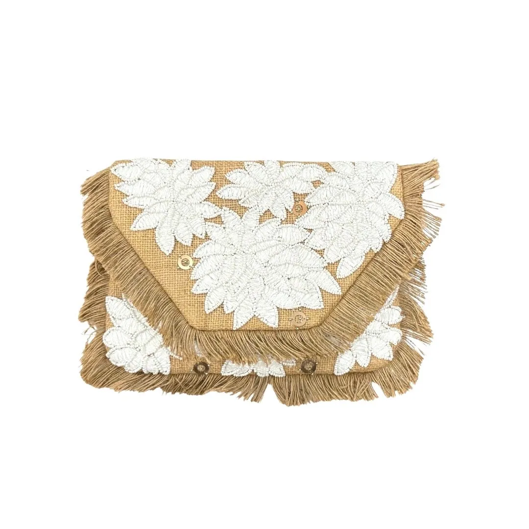 Cream Raffia Floral Clutch