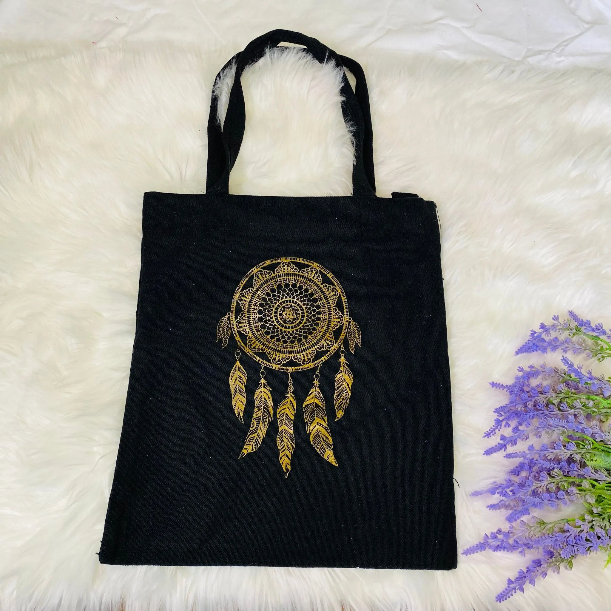 Dreamcatcher Tote Bag, Handmade Organic Cotton Tote Bag, Black/Beige Reusable Bag, Zippered Bag, Vegan Totes, Ecofriendly Bag