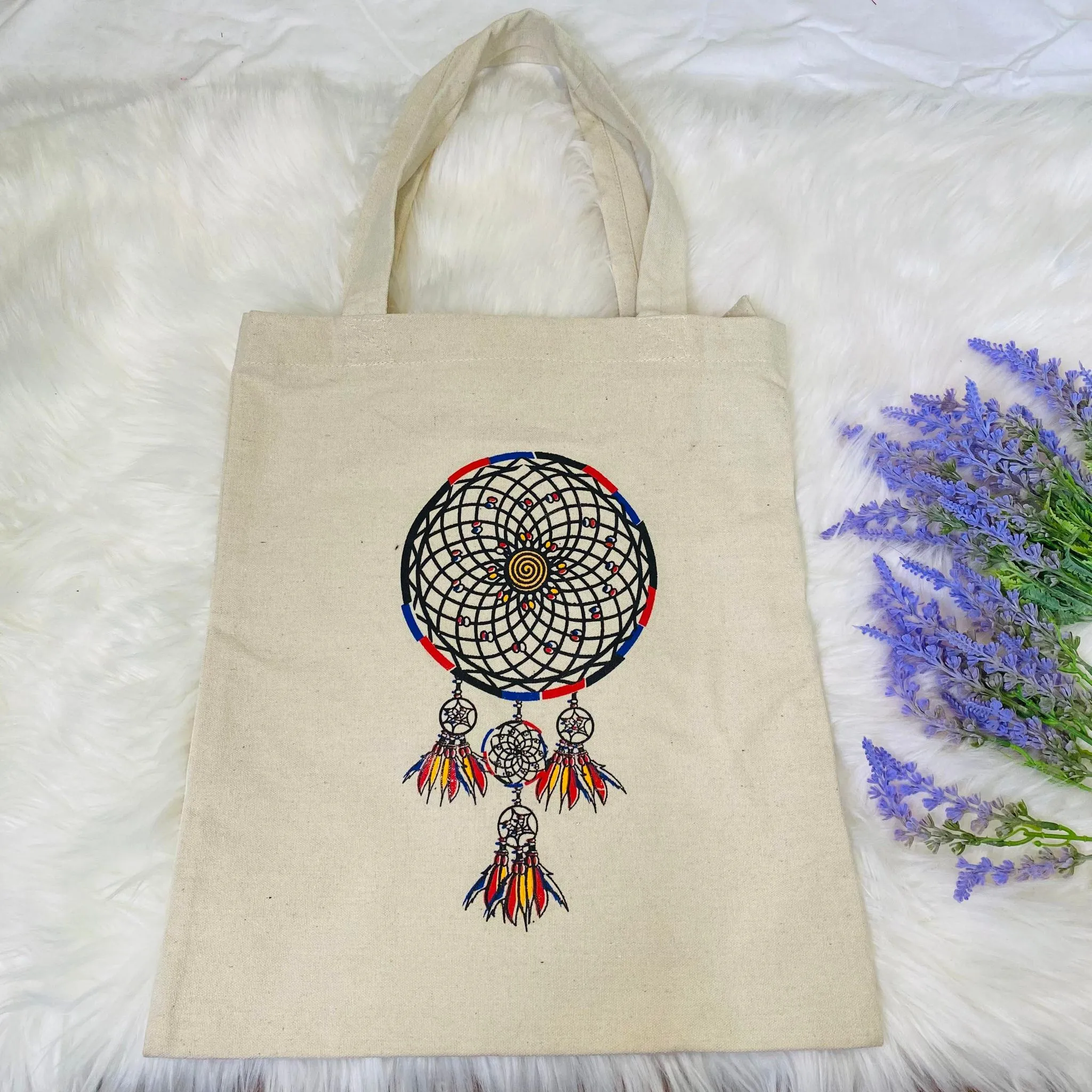 Dreamcatcher Tote Bag, Handmade Organic Cotton Tote Bag, Black/Beige Reusable Bag, Zippered Bag, Vegan Totes, Ecofriendly Bag