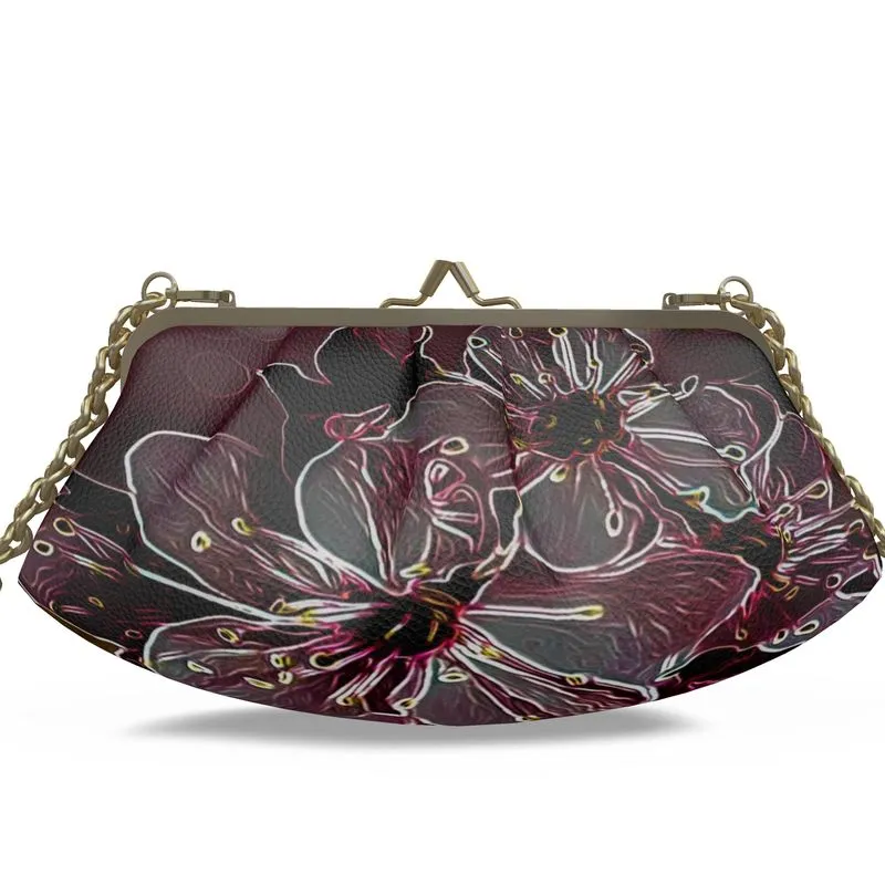 Floral Embosses: Pictorial Cherry Blossoms 01-04 Designer Pleated Leather Metal Frame Crossbody Clutch Bag