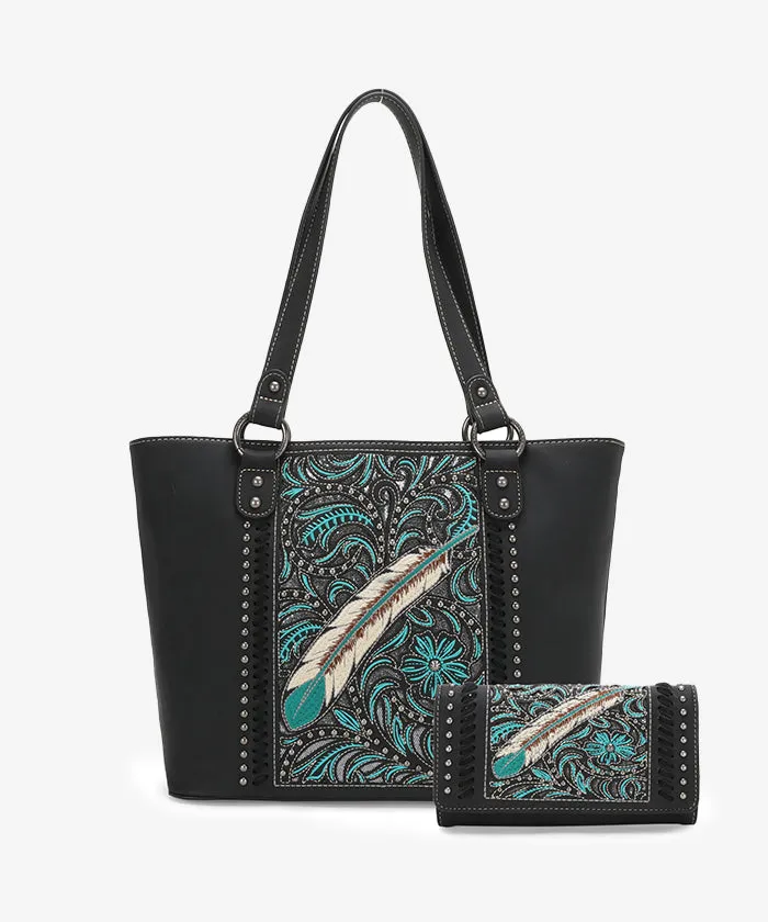 Montana West Embroidered Feather Concealed Carry Tote Set