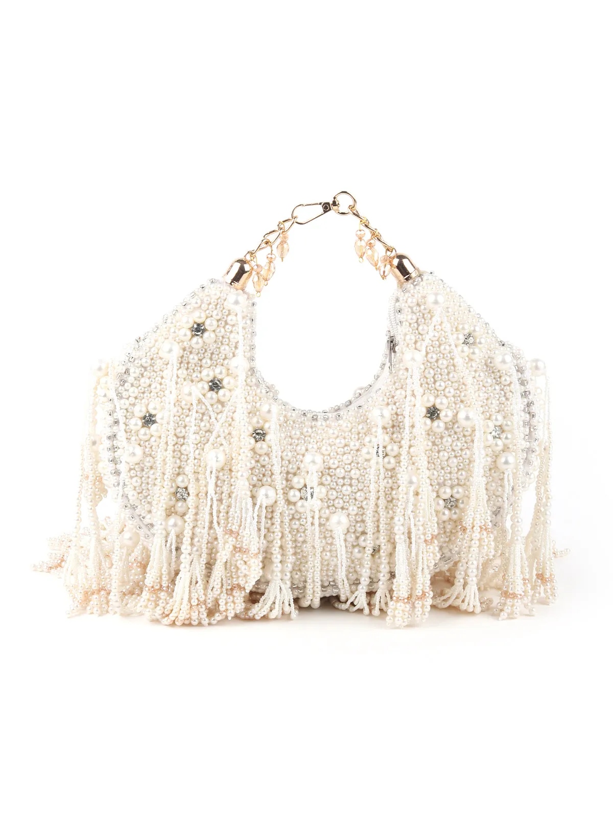 Odette White Pearl Embellished Clutch Bag For Women