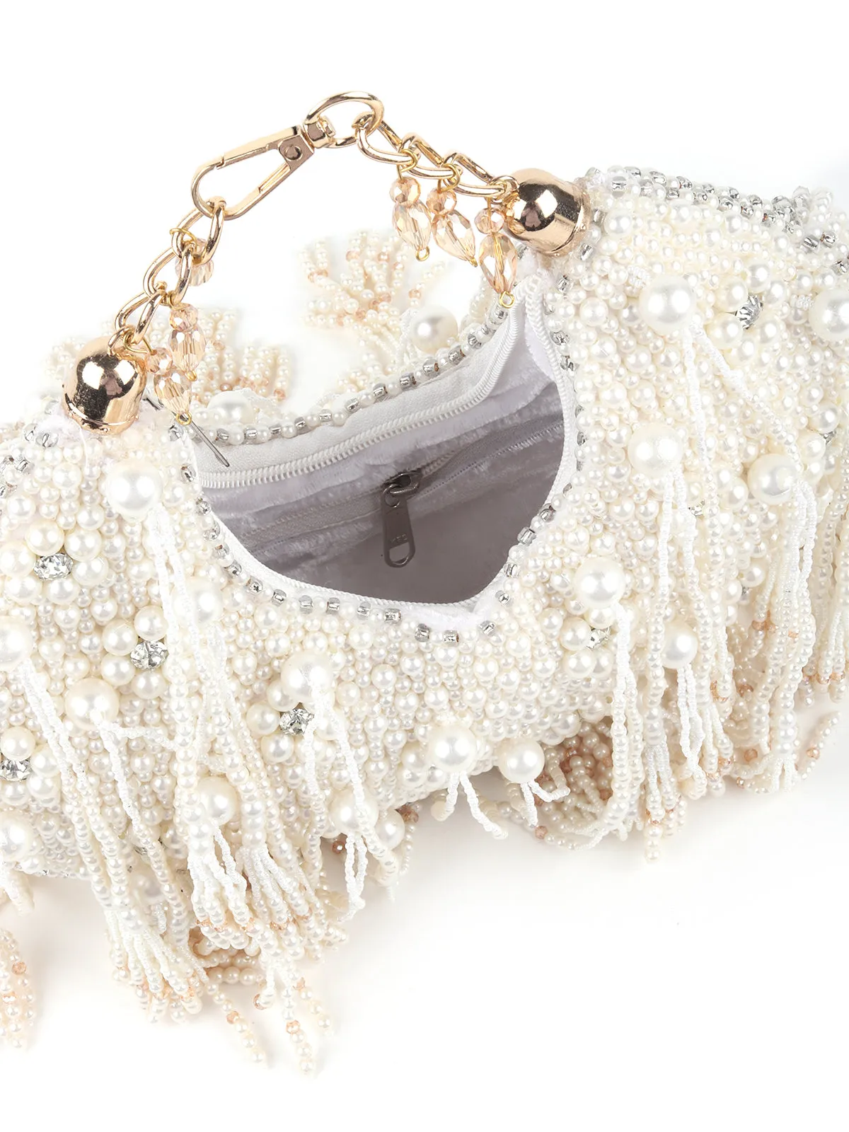 Odette White Pearl Embellished Clutch Bag For Women