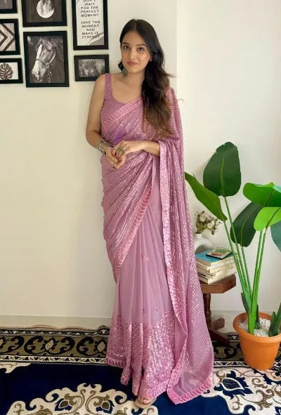 Pastel Pink Premium Georgette Sequins Partywear Saree