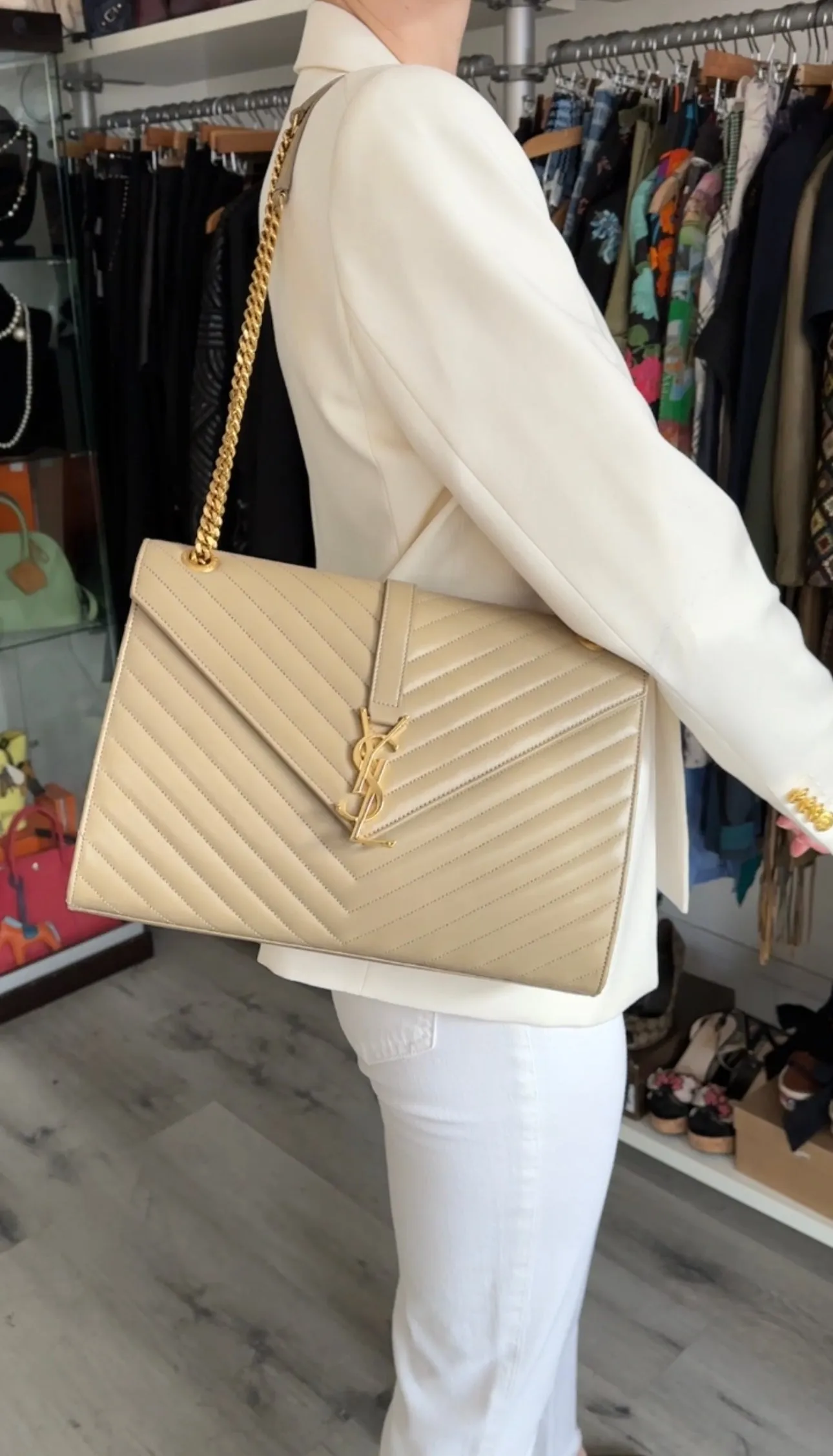 Saint Laurent Beige Chevron Envelope Flap Bag