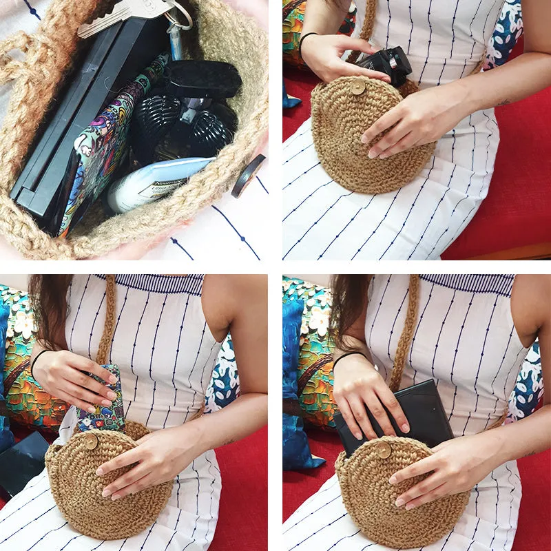 Stylish Round Jute Cross-Body Bag