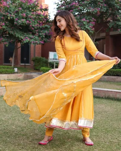 Yellow Mughal Anarkali Cotton Salwar Suit